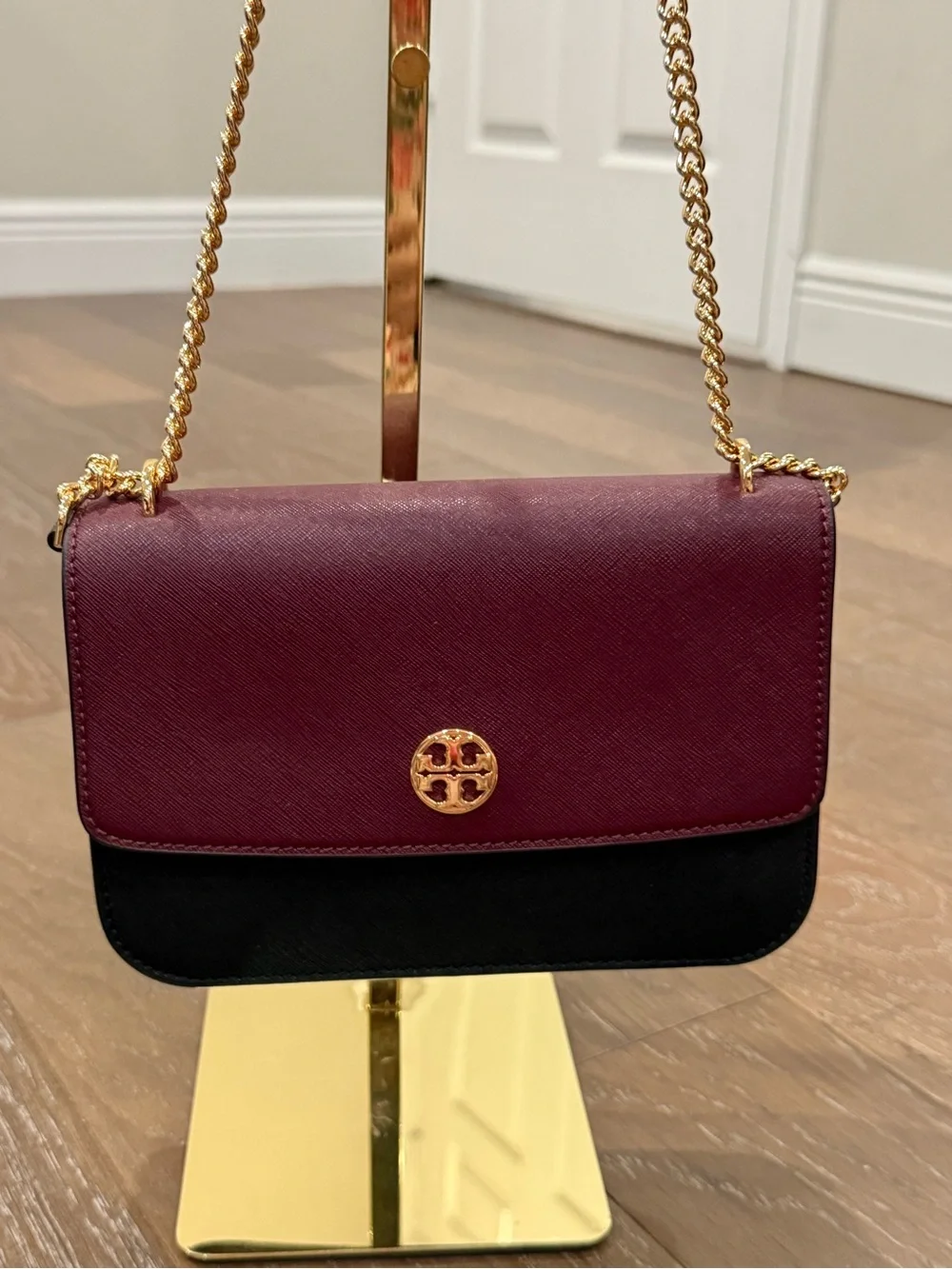 Tory Burch Chain Crossbody in Burgundy and Black Suede Sides with Gold Hardware